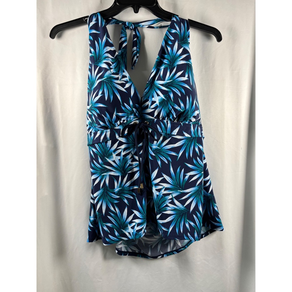 Coastal Blue Palm Leaf Halter Tankini Top Navy Teal Padded Plus 2X